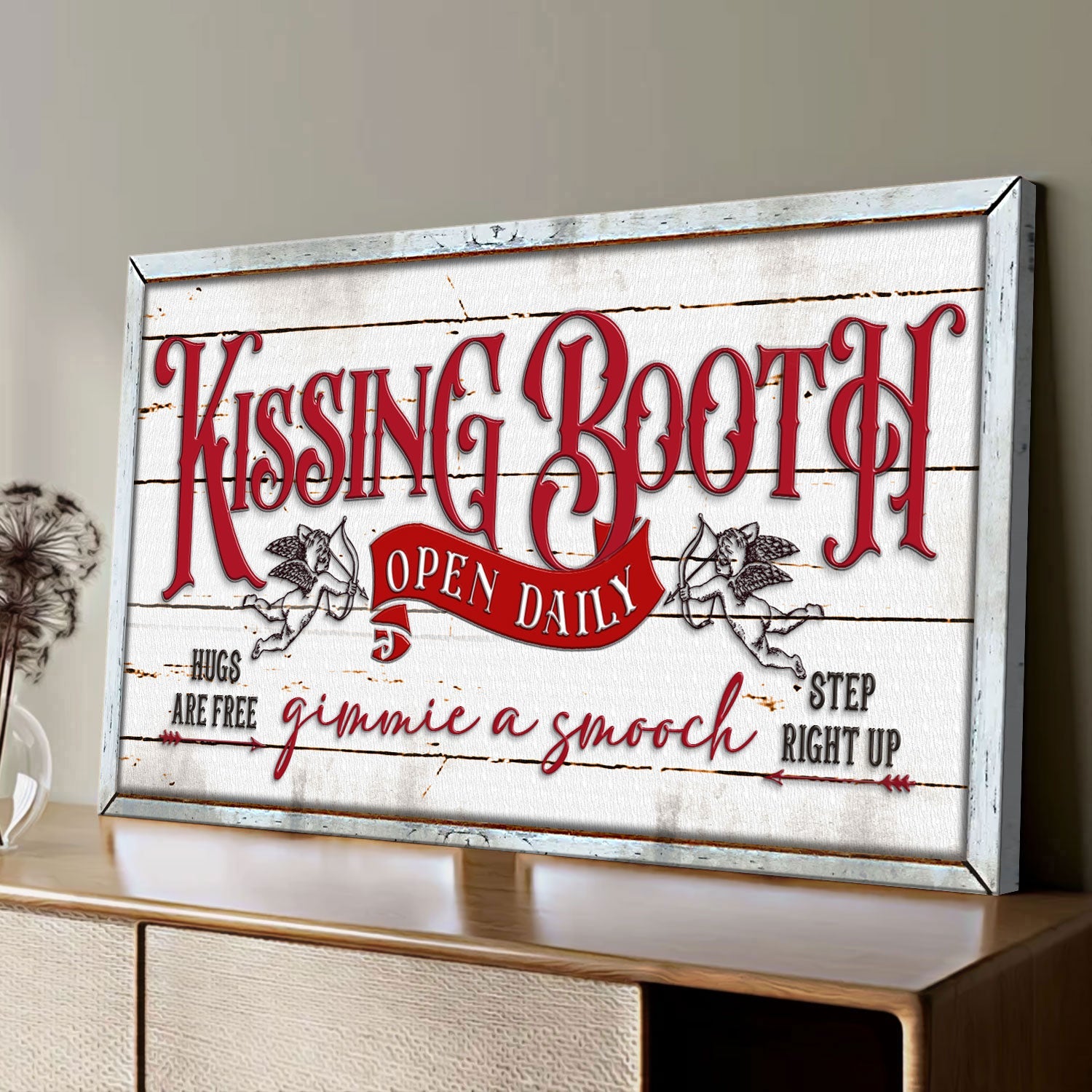 Vintage rustic kissing booth sign canvas by Tailored Canvases with red lettering on Tampa Home & Garden Store