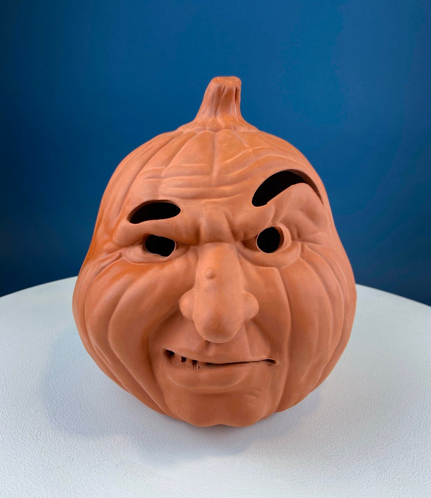 Set of Two Large Clay Pumpkins Making Scary Funny Faces. Candle or Light Kit. Halloween Thanksgiving Fall Decor. Home, Porch or Retail.