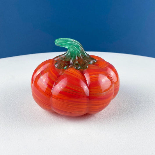 Vintage Hand Blown Orange Glass Pumpkin. Marbled Effect. Green Stem. Fall Halloween Thanksgiving Decor. Home Retail Display.