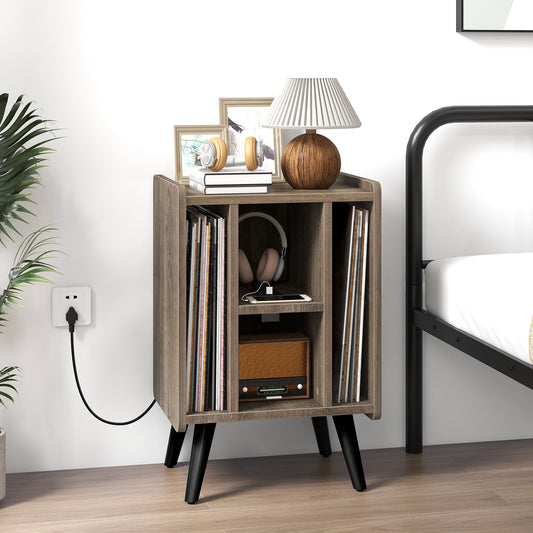 Mueble Tocadiscos para Discos de Vinilo con 4 Estantes Abiertos-Gris