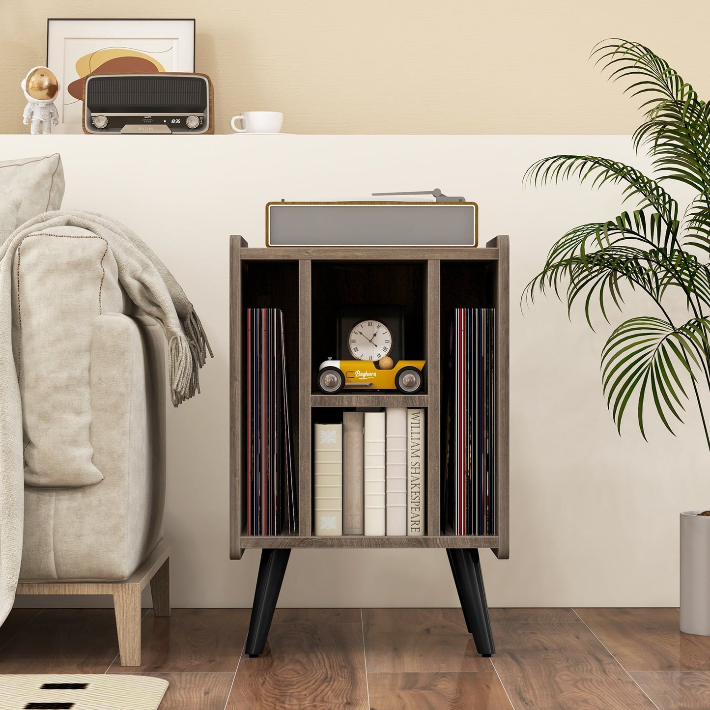 Vinyl Record Storage Turntable Stand with 4 Open Shelves-Gray