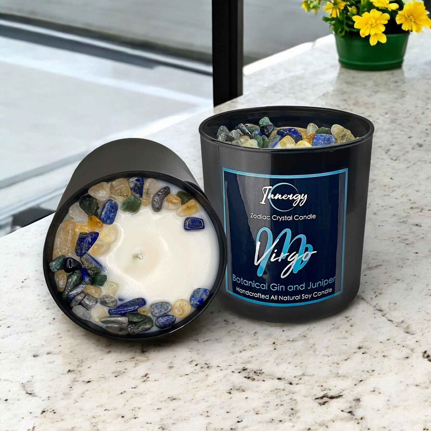 Virgo Zodiac Crystal Candle with Citrine, Lapis Lazuli, and Green Aventurine | Coconut-Soy Wax Candle, 9oz - Tampa Home & Garden Store