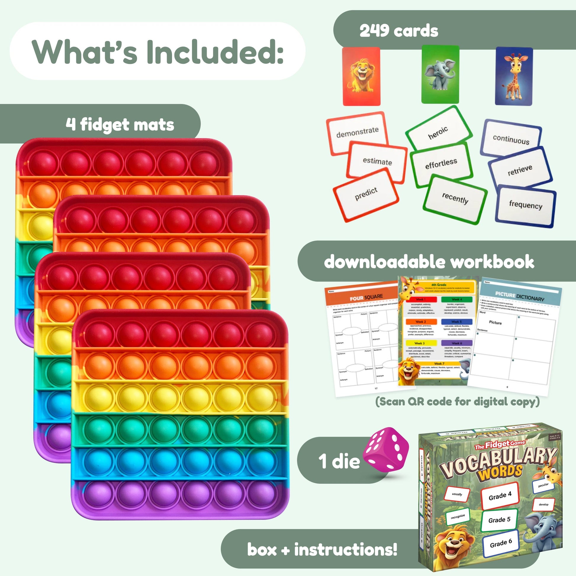 The Vocabulary Game educational toy by The Fidget Games with 249 cards and 4 fidget mats on Tampa Home & Garden Store