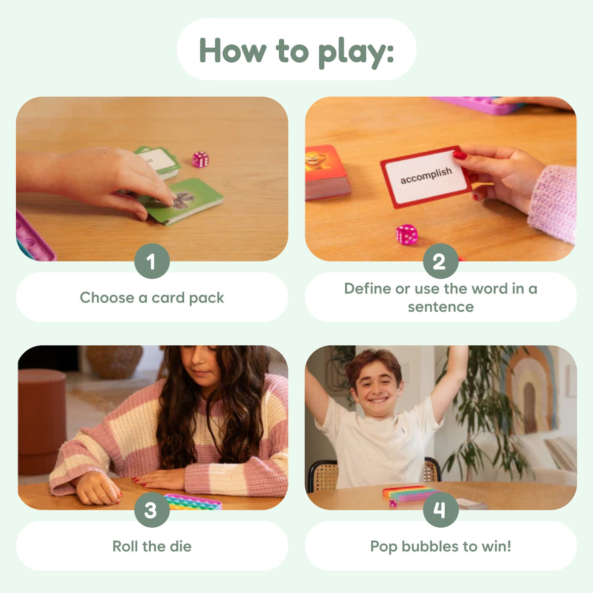 Vocabulary Game by The Fidget Games; card packs, define words in sentences, roll die, win on Tampa Home & Garden Store