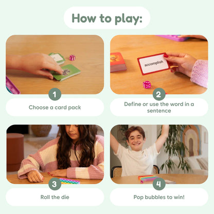 Vocabulary Game by The Fidget Games; card packs, define words in sentences, roll die, win on Tampa Home & Garden Store