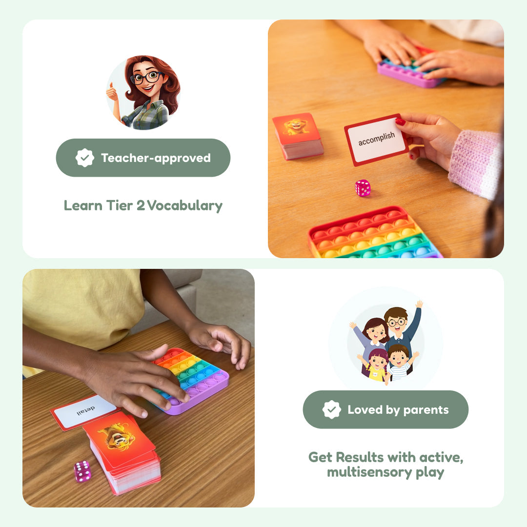 The Vocabulary Game educational toy by The Fidget Games with rainbow pop-it and vocabulary cards on Tampa Home & Garden Store