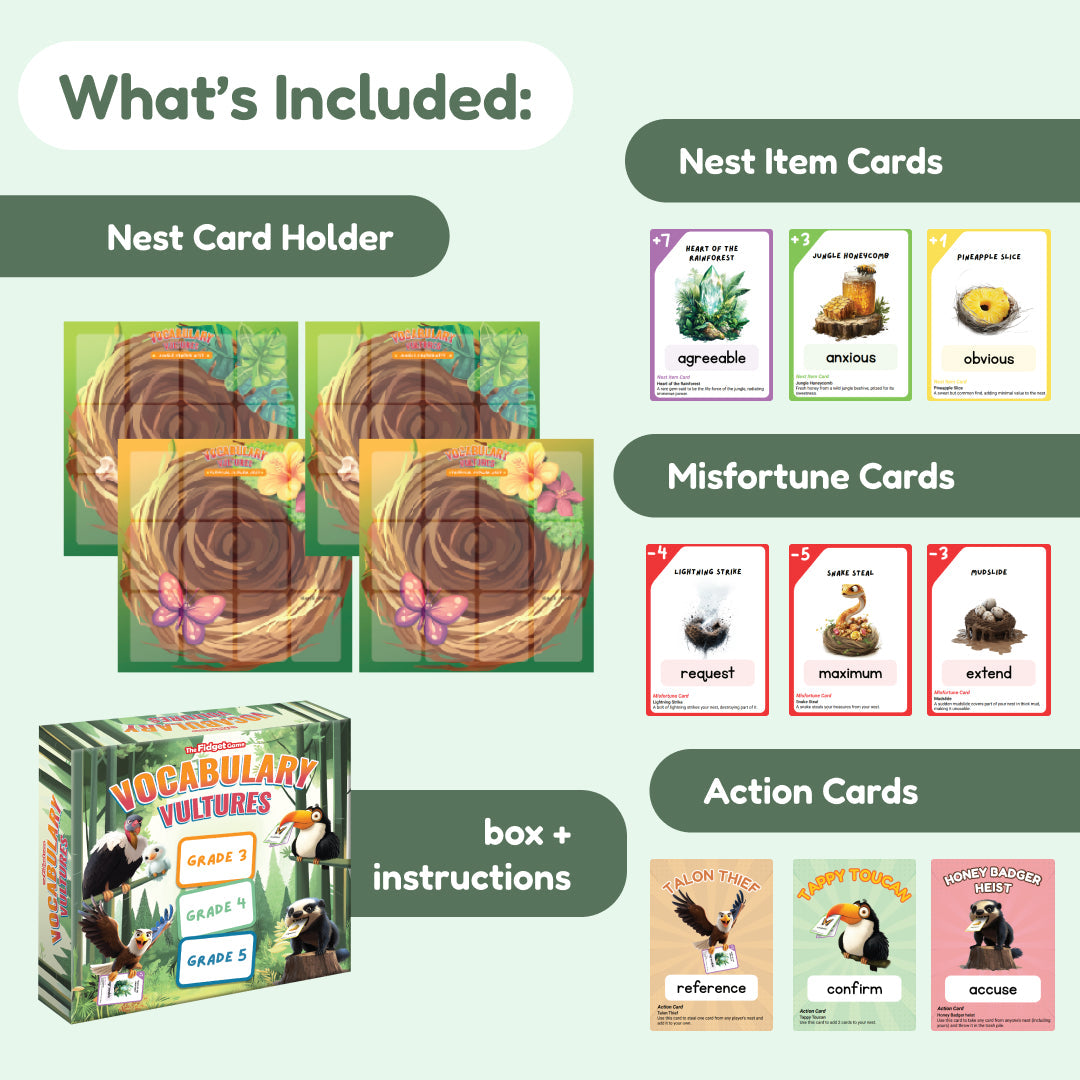 Vocabulary Vultures educational toy by The Fidget Games; nest card set with boxed game on Tampa Home & Garden Store