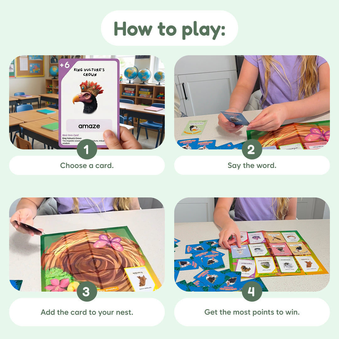Vocabulary Vultures educational card game by The Fidget Games, classroom with colorful cards on Tampa Home & Garden Store