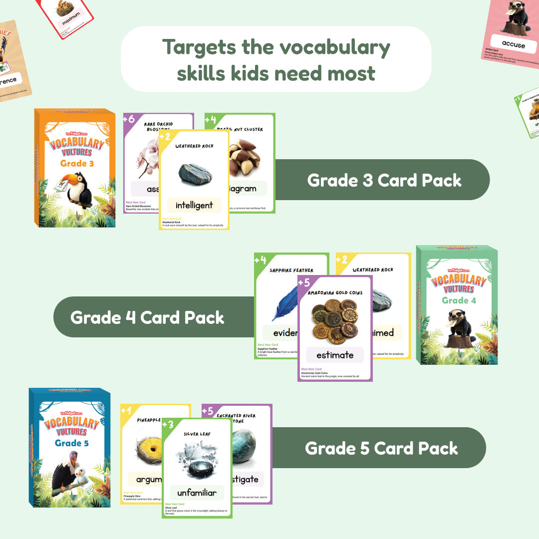 Vocabulary Vultures Grade 3 Card Pack by The Fidget Games, colorful educational cards and box on Tampa Home & Garden Store