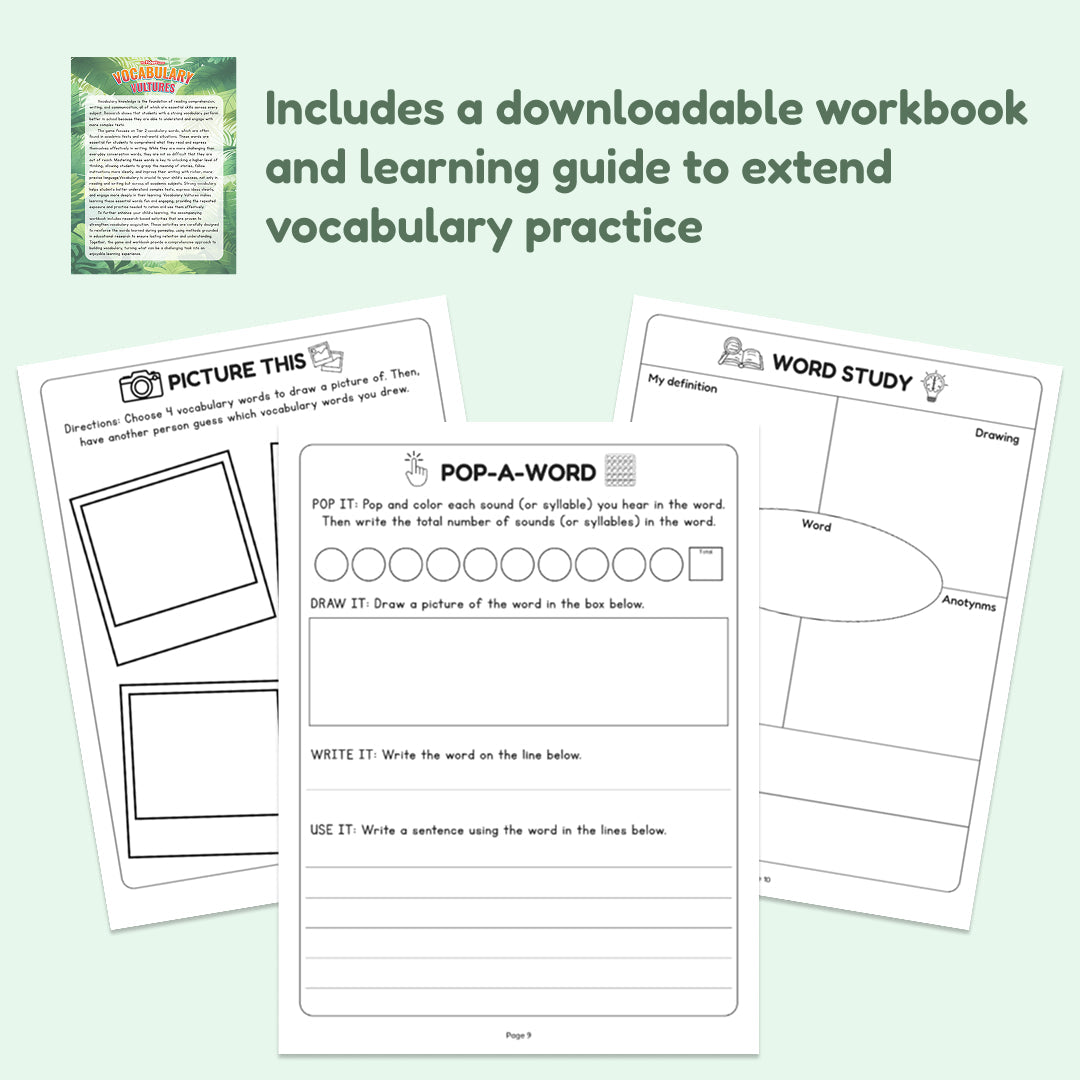 Vocabulary Vultures toy set with downloadable workbook and Word Study sheets by The Fidget Games on Tampa Home & Garden Store