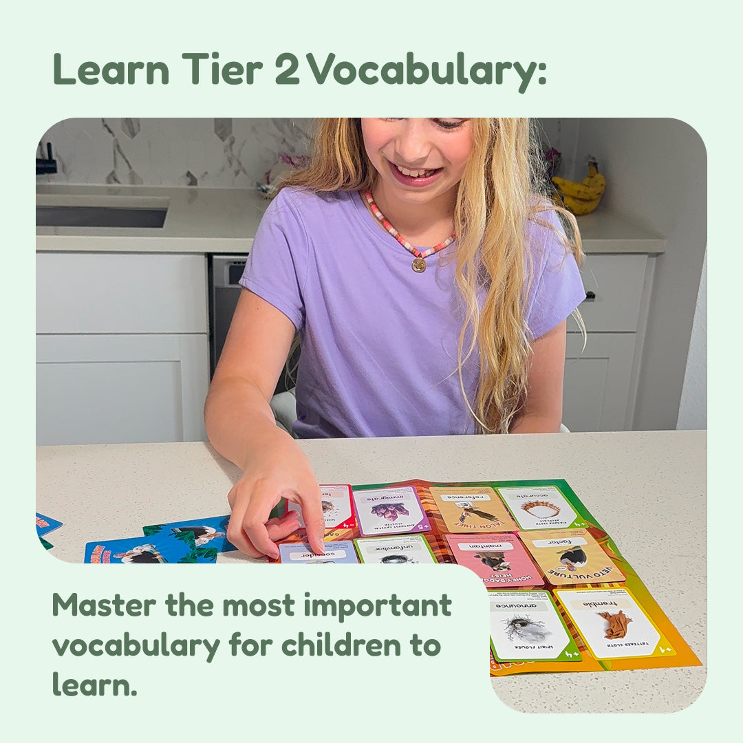 Vocabulary Vultures educational toy cards by The Fidget Games, girl uses colorful cards on Tampa Home & Garden Store