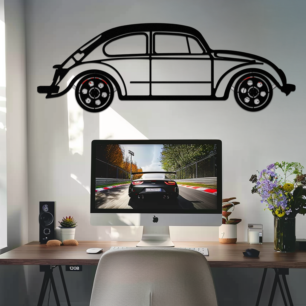 Volkswagen Beetle “Tosbiq” Metal Wall Art – Classic Bug Silhouette with Rotating Wheels-KAFMEKA068 - Tampa Home & Garden Store