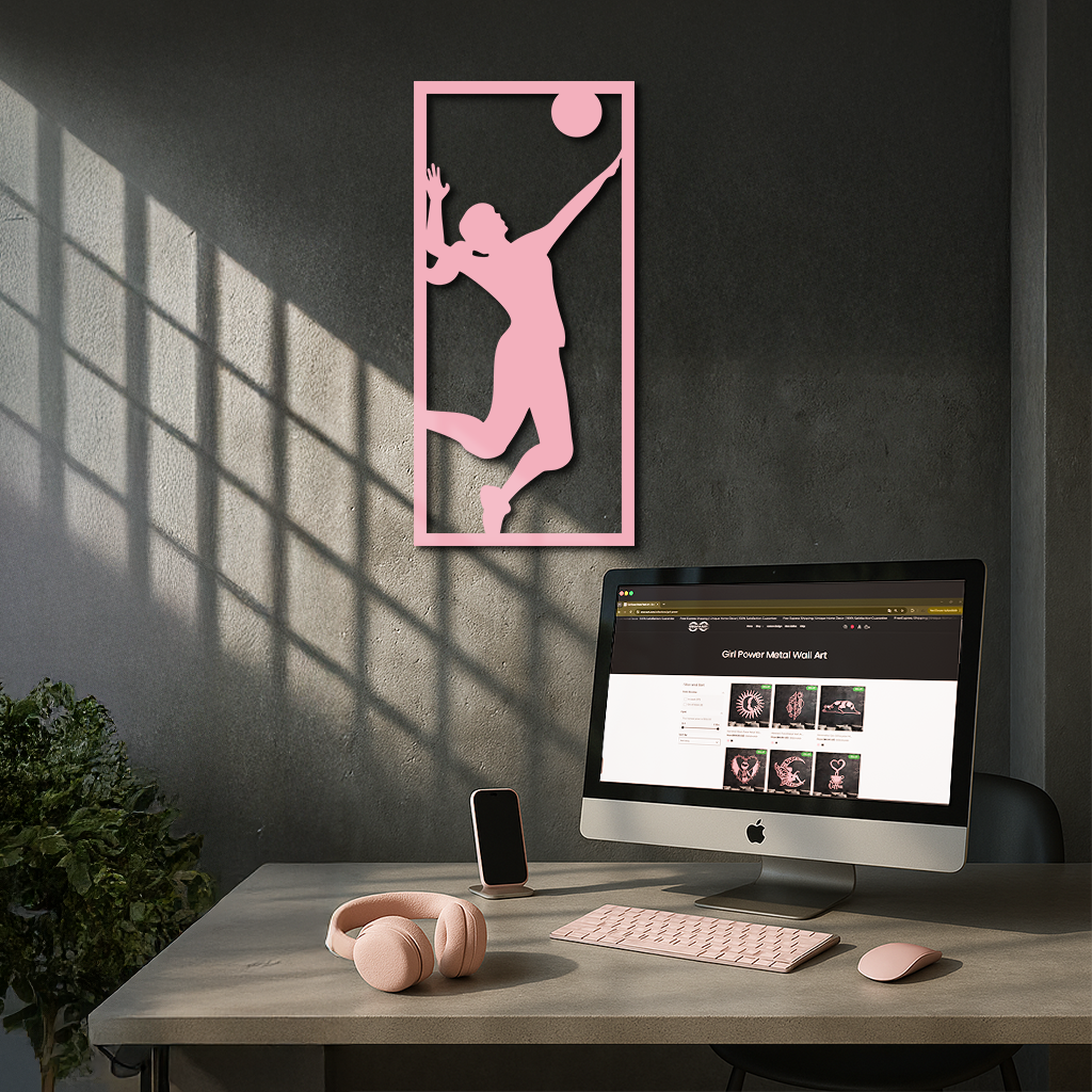 Volleyball Player Silhouette Metal Wall Art - Pink Modern Sports Décor - KAFGP186 - Tampa Home & Garden Store