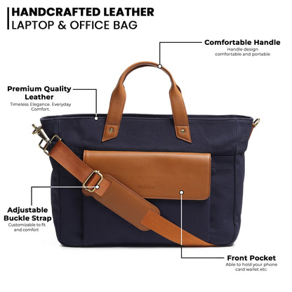 Voyager Canvas Leather Briefcase, Dark Blue - Tampa Home & Garden Store