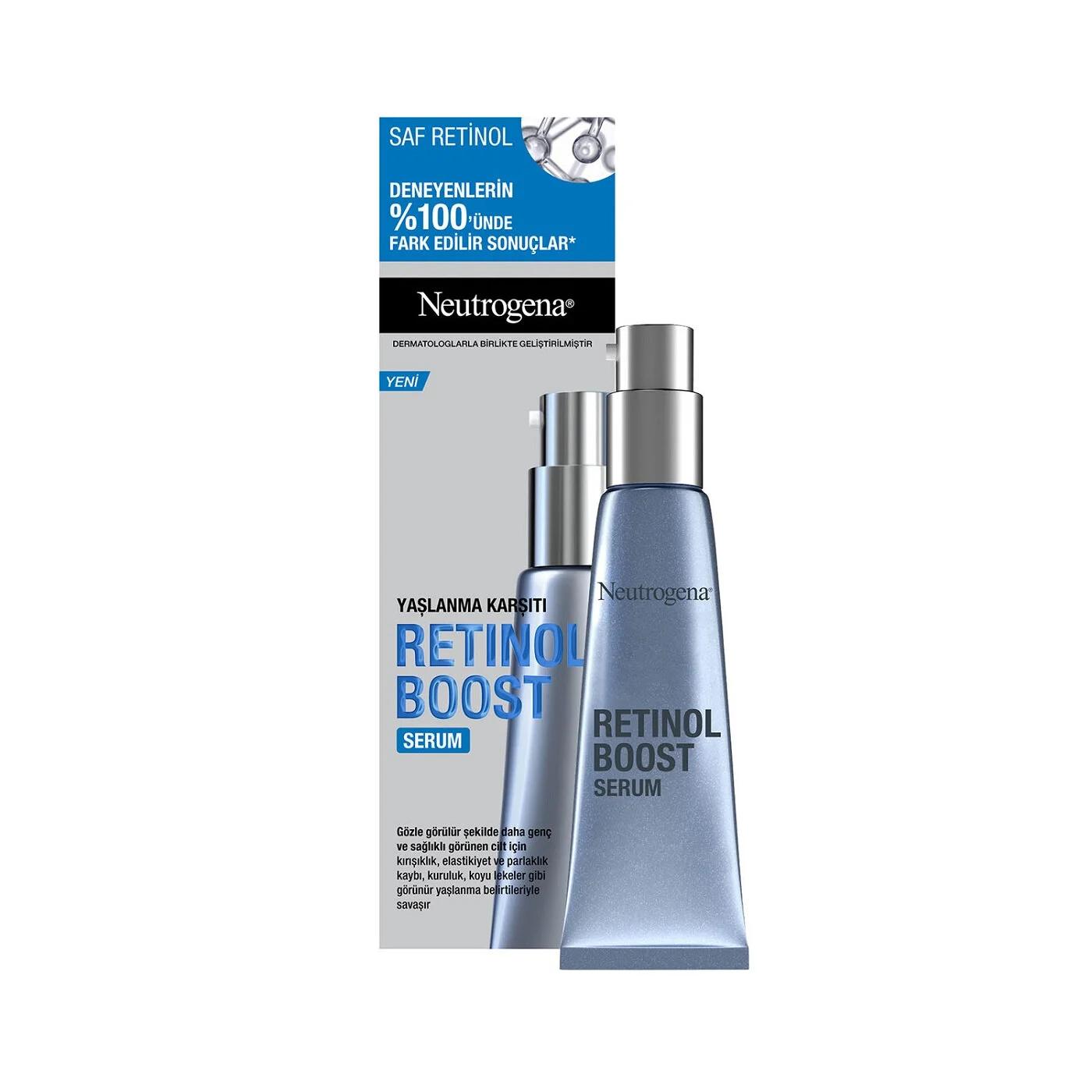 Neutrogena Retinol Boost Serum bottle 30ml with blue finish and silver pump on packaging on Tampa Home & Garden Store
