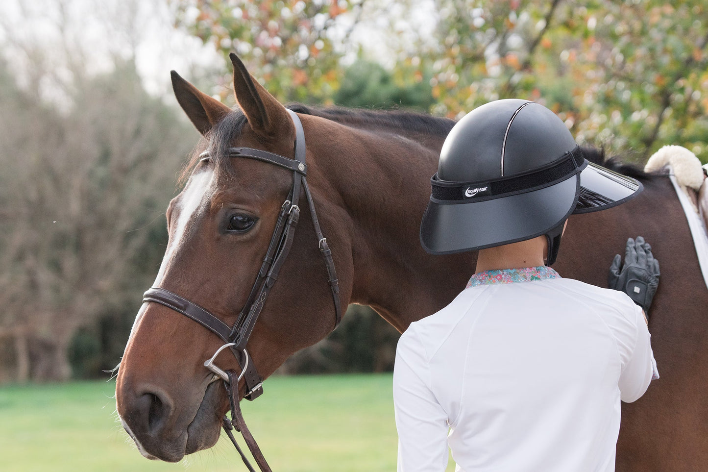 EquiVisor Sport Vue Complete 4.5 Sun Visor on gray riding helmet with EquiVisor logo on Tampa Home & Garden Store