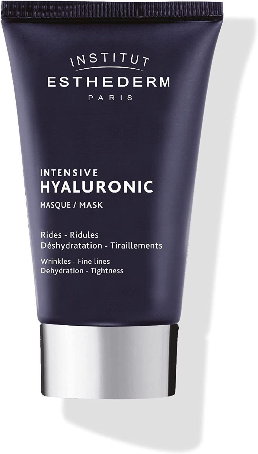 Intensive Hyaluronic Face Mask tube in navy with silver cap; Institut Esthederm Paris branding anti-aging mask for dry skin on Tampa Home & Garden Store
