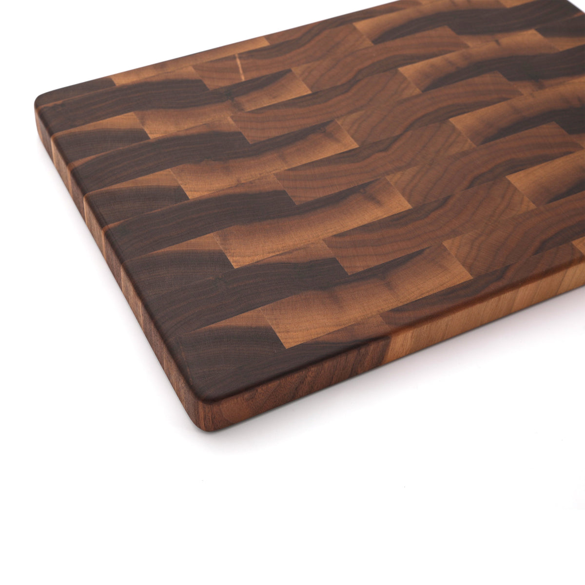 End grain cutting board 18x12 in warm walnut tones with block pattern Refine Kitchenware on Tampa Home & Garden Store