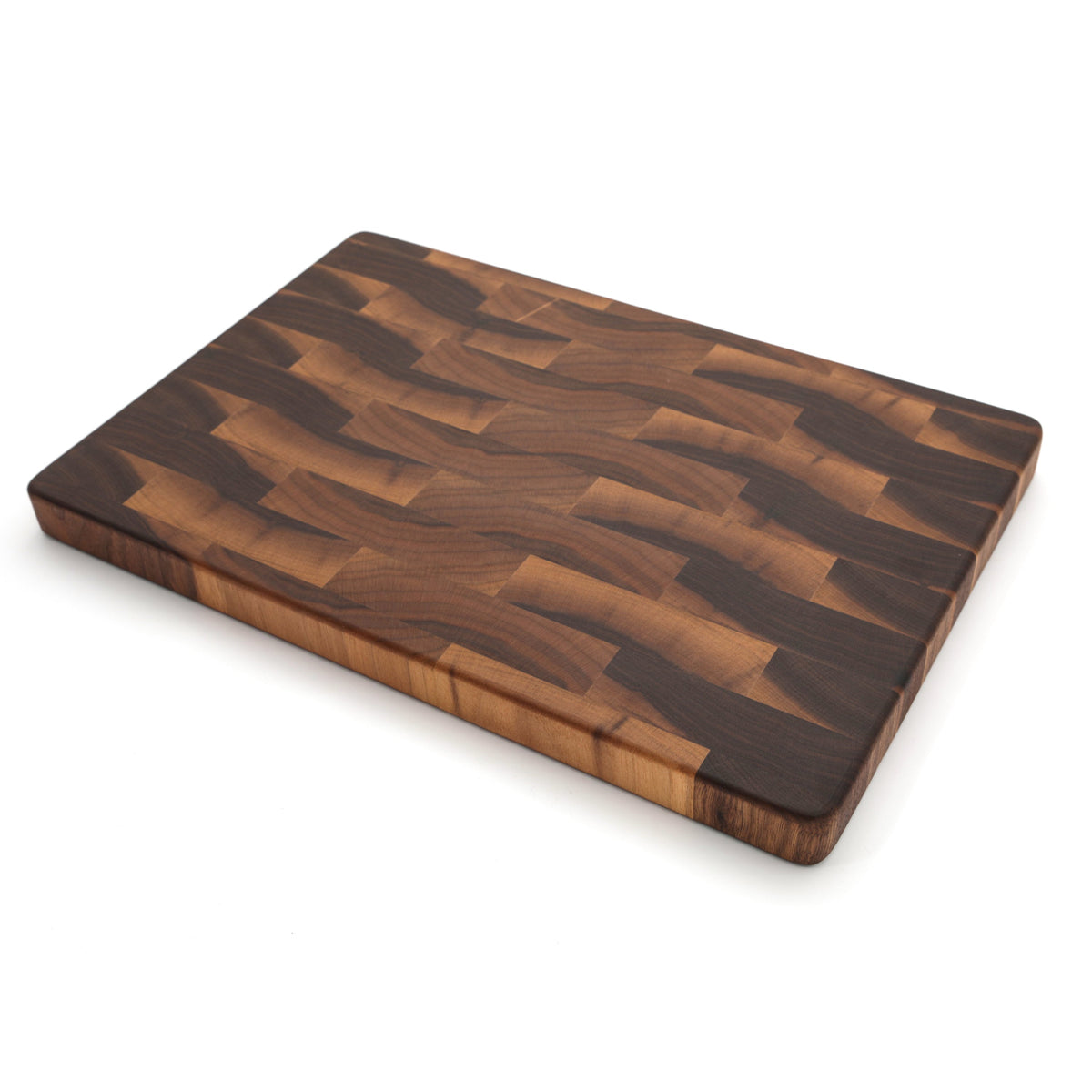 End grain cutting board, 18 by 12 in, wood in dark browns on Tampa Home & Garden Store