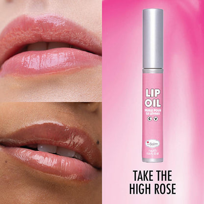 theBalm Take The High Rose Lip Oil pink lip oil tube with silver cap beside glossy lips on Tampa Home & Garden Store
