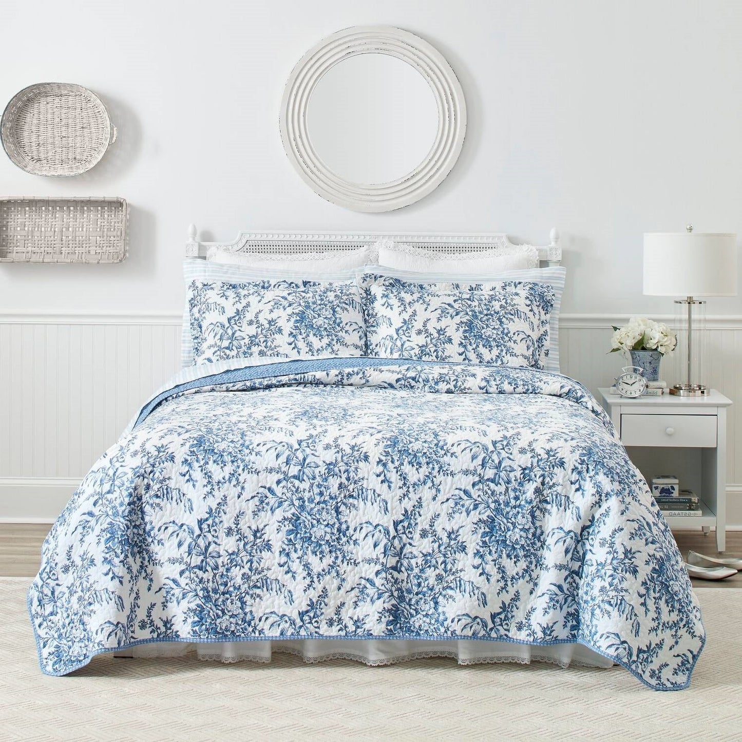 Juego de edredón de algodón reversible con estampado floral azul y blanco, tamaño King, 3 piezas