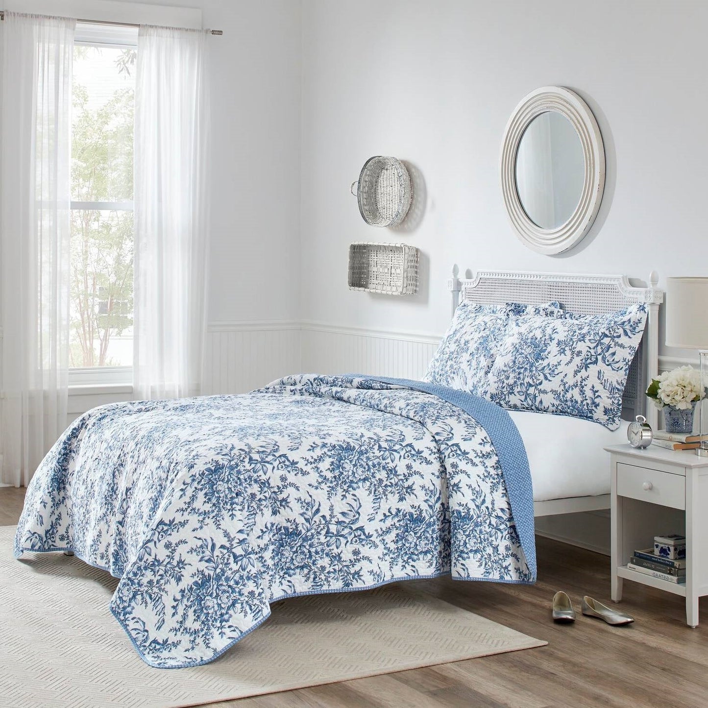 Juego de edredón de algodón reversible con estampado floral azul y blanco, tamaño King, 3 piezas
