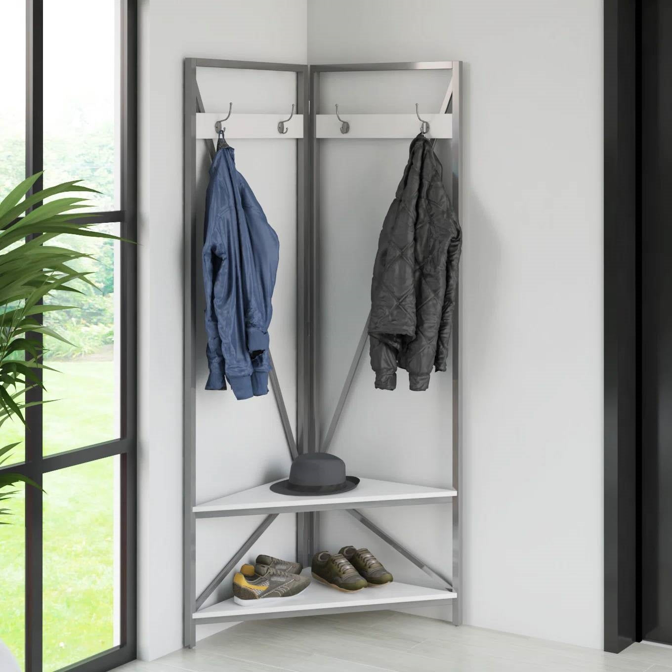 Perchero moderno de metal con banco y estante para zapatos y asiento blanco