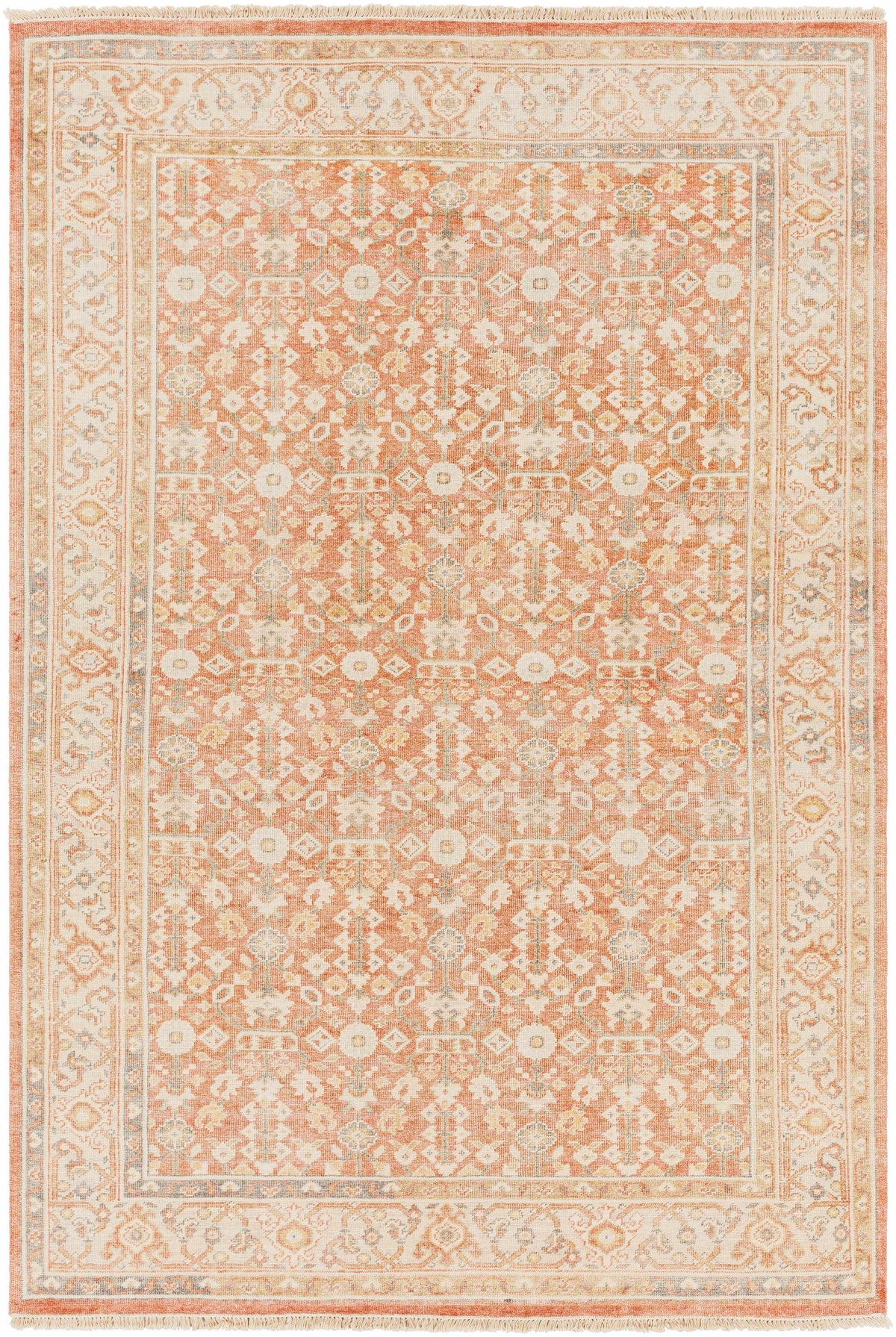 Wailea Area Rug - Clearance, peach ivory oriental motif with fringed edges, Boutique Rugs on Tampa Home & Garden Store