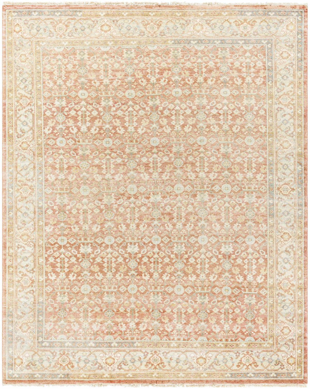 Wailea Area Rug by Boutique Rugs, pink coral field with ivory-blue motifs and ornate border on Tampa Home & Garden Store