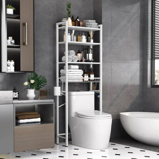 White Over the Toilet Storage Freestanding Industrial Metal Wood Shelving Unit - Tampa Home & Garden Store