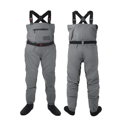 DikaSun breathable stocking foot waders gray unisex fishing gear shown front and back views on Tampa Home & Garden Store