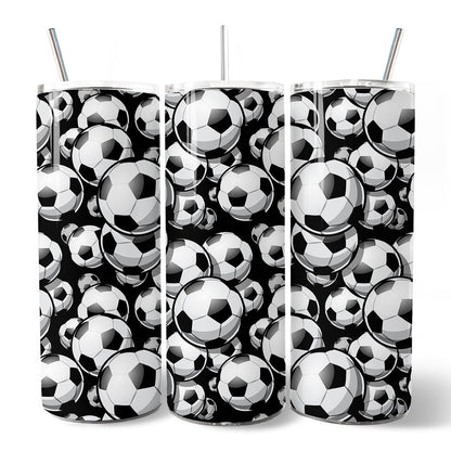 Black and White Soccer Ball 20oz Personalized Tumbler With Lid and Stainless Steel Straw, Football Sports Print Gift Cup