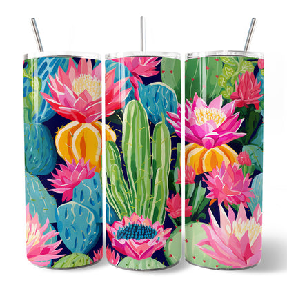 Blooming Desert Cactus Garden 20oz Personalized Tumbler With Lid and Stainless Steel Straw, Colorful Succulent Floral Gift Cup