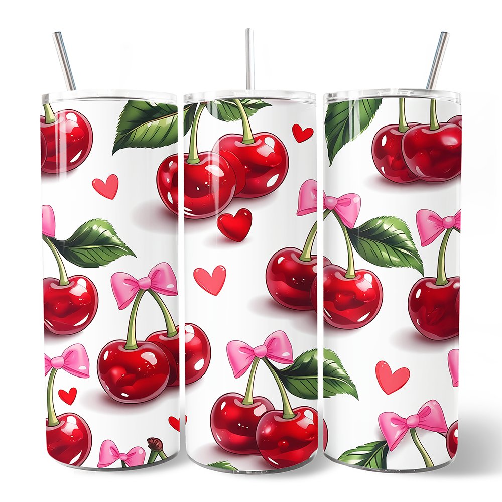 Cherry Bow Pattern 20oz Personalized Tumbler With Lid and Stainless Steel Straw, Valentine Travel Mug Gift