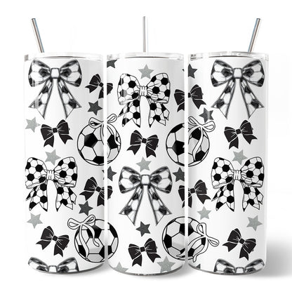 Coquette Black and White Soccer Bow 20oz Personalized Tumbler With Lid and Stainless Steel Straw, Sporty Girls Pattern Gift Cup