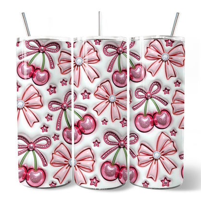 Gobelet gonflable 3D Coquette Cherry Bows avec couvercle et paille en acier inoxydable, cadeau idéal pour vos voyages printaniers à motif floral.