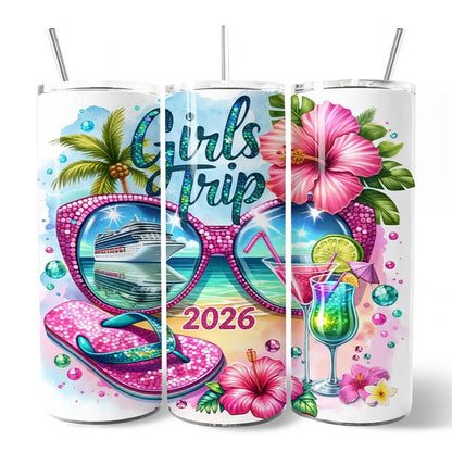 20oz personalized tumbler with lid and stainless straw; tropical cruise design across 3 panels on Tampa Home & Garden Store