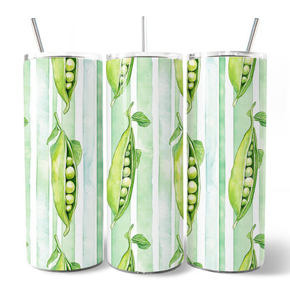 Fresh Green Pea Pod Pattern 20oz Personalized Tumbler With Lid and Stainless Steel Straw, Watercolor Garden Vegetable Gift Cup