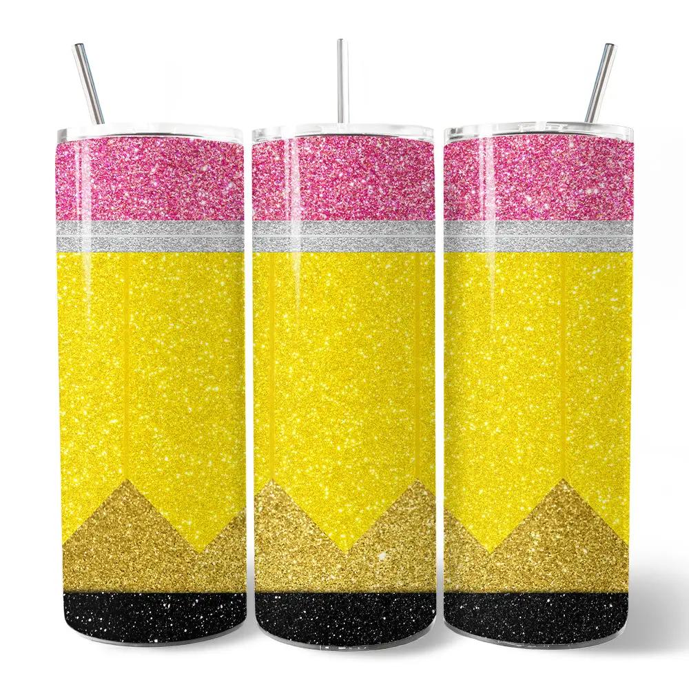 OrnamentallyYou 20oz glitter pencil design tumbler with lid and stainless straw, set of 3 on Tampa Home & Garden Store