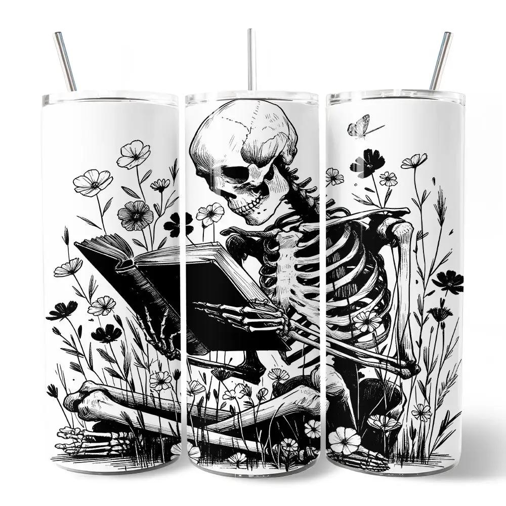 Three Gothic Reading Skeleton 20oz tumblers with lids, stainless straw floral bookworms design on Tampa Home & Garden Store