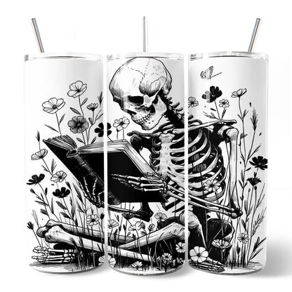 Three Gothic Reading Skeleton 20oz tumblers with lids, stainless straw floral bookworms design on Tampa Home & Garden Store