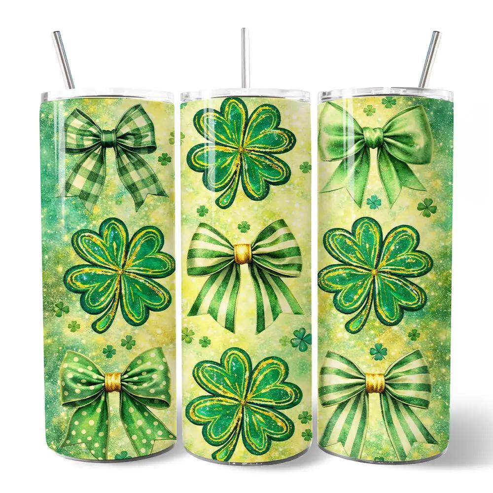 20oz green shamrock bow pattern tumblers with lids and stainless steel straws, 3-pack on Tampa Home & Garden Store