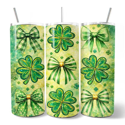 20oz green shamrock bow pattern tumblers with lids and stainless steel straws, 3-pack on Tampa Home & Garden Store