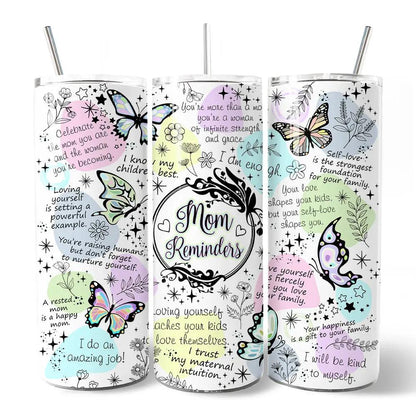 3-piece Mom Reminders 20oz butterfly tumbler set with lids and steel straws by OrnamentallyYou on Tampa Home & Garden Store
