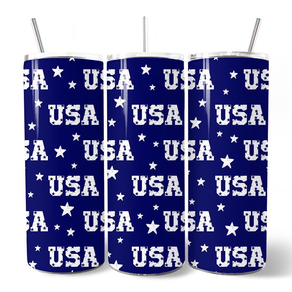 Navy USA Block Letters Pattern 20oz Personalized Tumbler With Lid and Stainless Steel Straw, Vintage Independence Day Patriotic Gift Cup