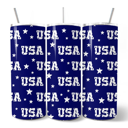 Navy USA Block Letters Pattern 20oz Personalized Tumbler With Lid and Stainless Steel Straw, Vintage Independence Day Patriotic Gift Cup