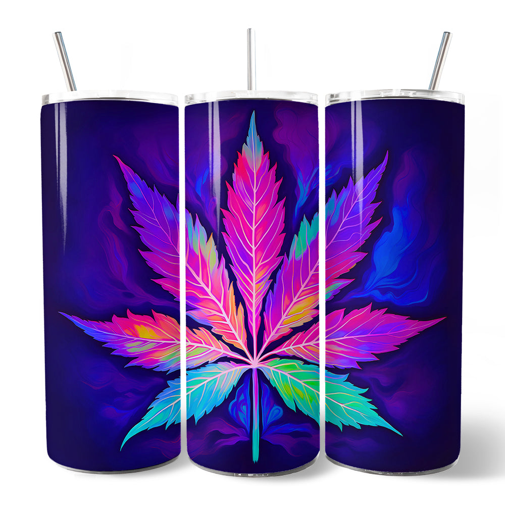 Neon Cannabis Leaf 20oz Personalized Tumbler With Lid and Stainless Steel Straw, Psychedelic Weed Aesthetic Gift Cup