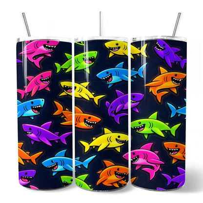 Three 20oz personalized tumblers with lids and stainless steel straws, neon cartoon sharks on Tampa Home & Garden Store