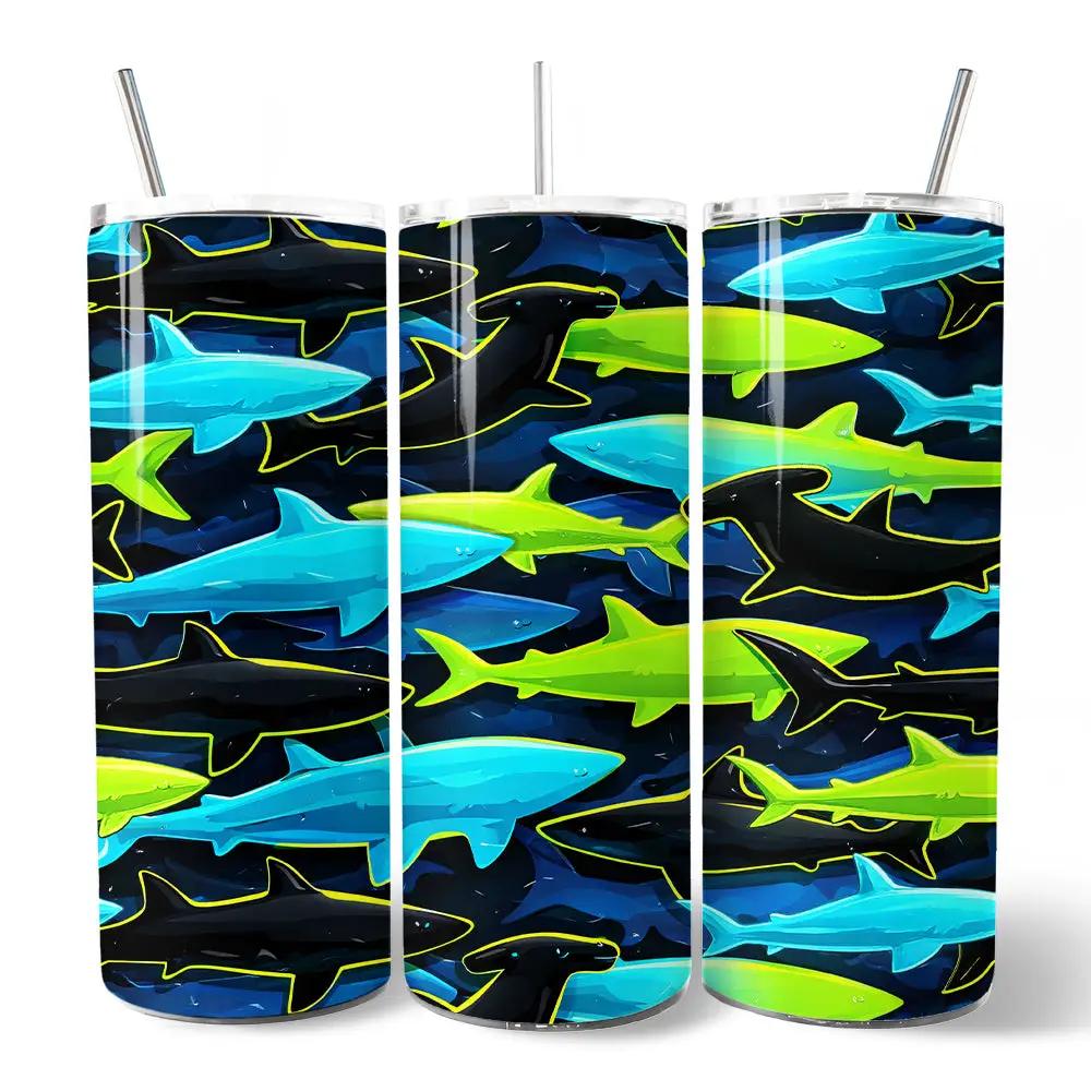 Set of 3 neon shark camo 20oz tumblers with lids and stainless steel straws on Tampa Home & Garden Store