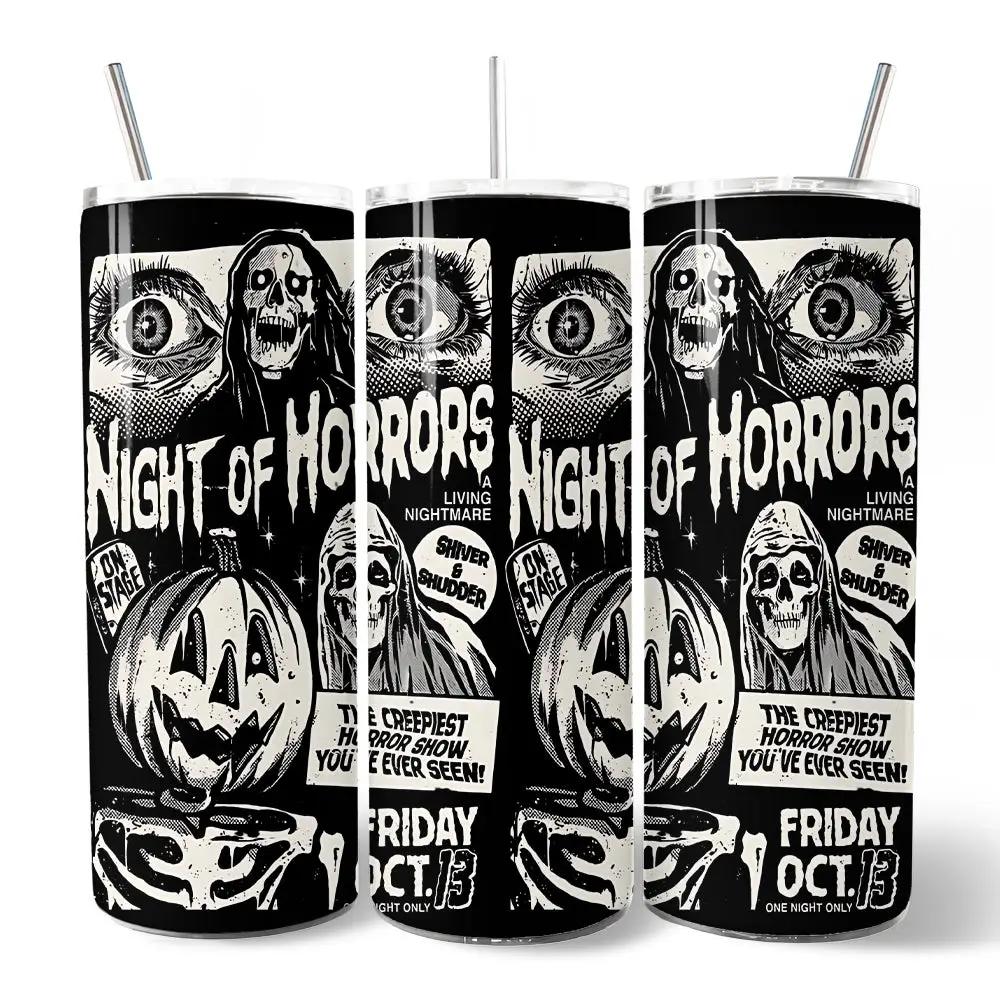 Three 20oz Night of Horrors retro Halloween tumblers with lids and metal straws OrnamentallyYou on Tampa Home & Garden Store